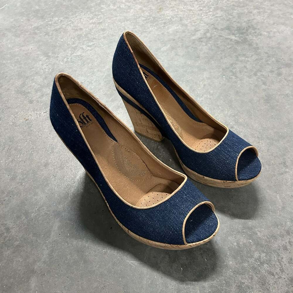 Sofft Olivia Denim Platform Peep Toe Wedges Shoes